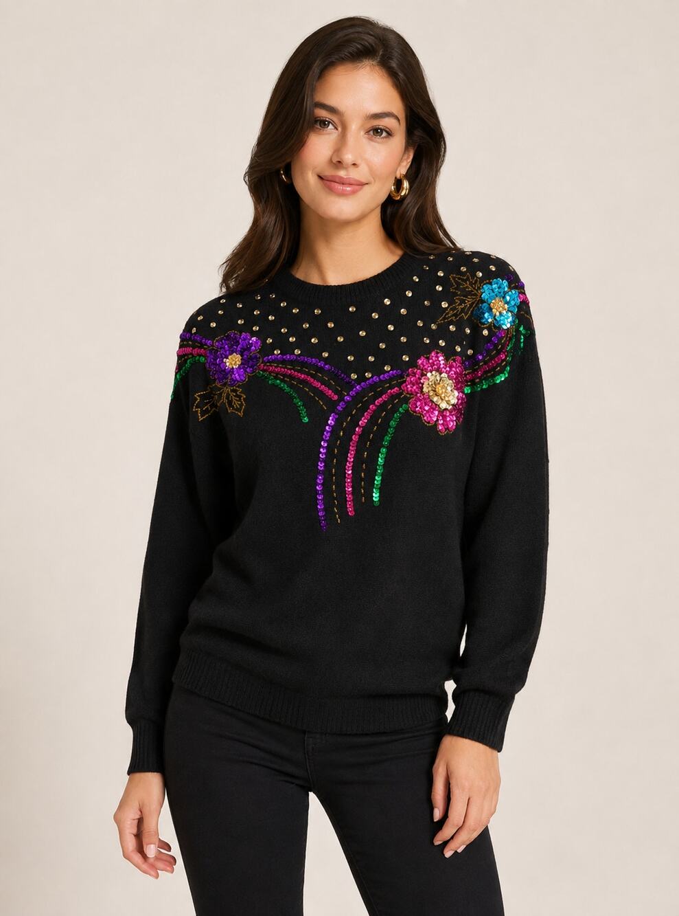 In Charge Vintage Sequin Beaded Flower Black Sweater Pullover. Womens Size Med